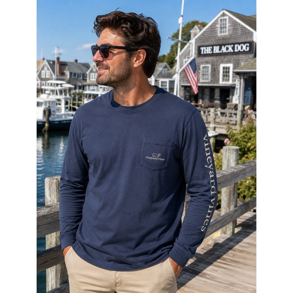 Vineyard Vines Long Sleeve Pocket T-Shirt Men’s Medium Blue Whale Logo Peru